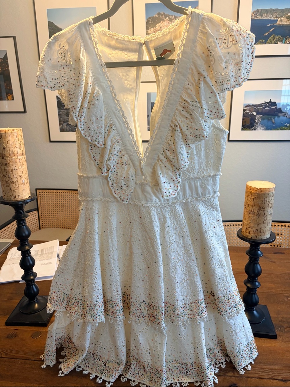 FARM Rio Cream Eyelet Mini Dress with Multicolor Embroidery